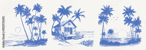 Seaside hut cabin palms sunset shoreline view. Hand drawn crayon vintage sketch drawing line style. Small beach house on sand with ocean horizon and quiet tropical travel mood.