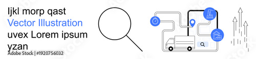Logistics, supply chain, business growth, e-commerce, delivery tracking, data analysis. Line art shows a truck, tracking nodes search icon and growth arrows. Logistics and supply chain focus
