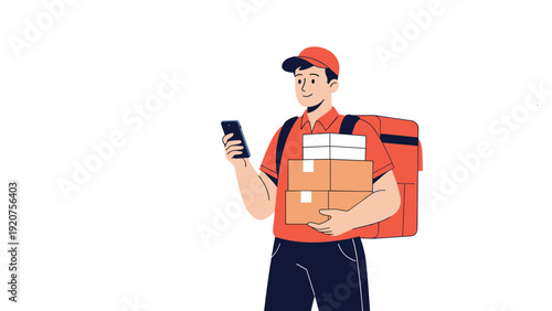 Professional delivery man in uniform carries packages and checks a smartphone for navigation during a courier service shift.