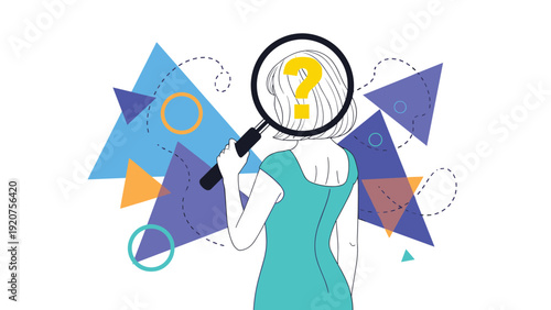 Curious woman uses a magnifying glass to inspect abstract geometric shapes and symbols, representing research and discovery.