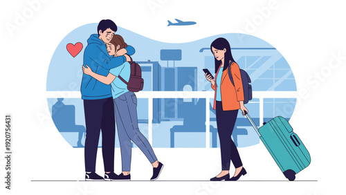 Emotional couple shares a deep embrace at an airport terminal while a solo traveler walks past them with her luggage.