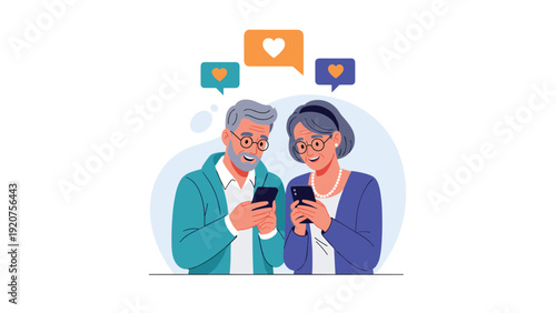 Happy senior couple uses their smartphones to connect with loved ones while smiling at digital messages and social media.