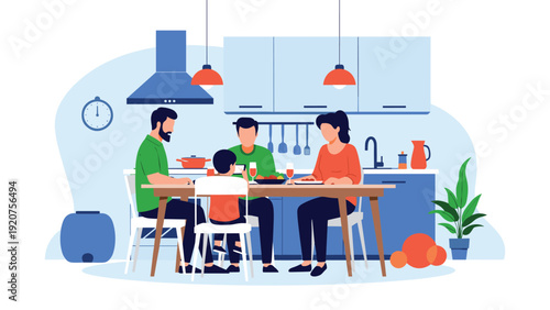 Happy family of four including parents and two children enjoys a healthy dinner together in their modern blue kitchen.