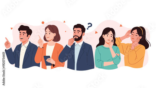 Diverse group of young professionals displays various facial expressions of deep thinking, questioning, and realization.