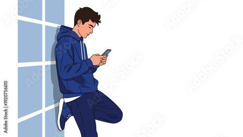 Casual young man in a blue hoodie leans against a modern windowed wall while focused on using his smartphone.