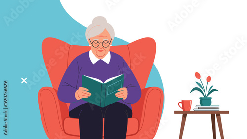 Peaceful senior woman with glasses enjoys reading a book while relaxing in a cozy red armchair at her home.