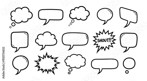 Collection of various hand-drawn comic book style speech bubbles and thought balloons featuring different shapes for dialogue and text.