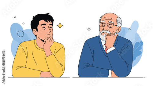 Young man and an elderly man both sit in deep contemplation, representing the wisdom and perspective of different ages.