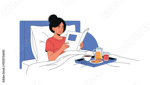 Young woman enjoys a relaxing morning having a healthy breakfast in bed while browsing through a lifestyle magazine.