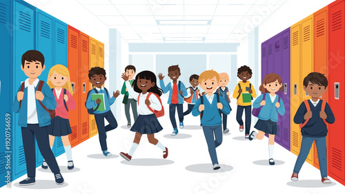 Energetic and diverse group of elementary school children runs through a brightly colored hallway lined with lockers.