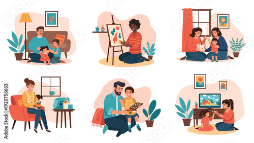 Collection of diverse families and parents participating in activities like painting, cooking, and watching TV with kids.