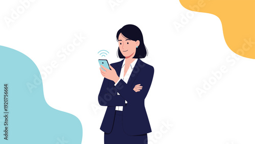 Professional businesswoman in a suit uses her smartphone with a strong wireless connection for mobile business communication.