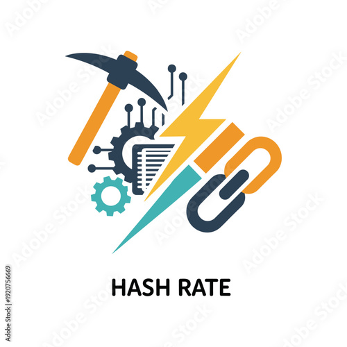 Cryptocurrency mining hash rate concept with gear, hammer, and golden bitcoin symbols