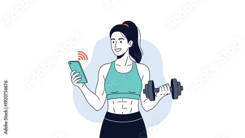 Fit athletic woman uses a mobile fitness app on her smartphone while training with a heavy dumbbell for strength.