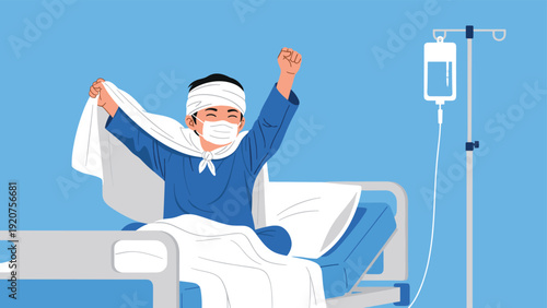 Brave young boy with a head bandage and mask acts like a superhero from his hospital bed to show strength and hope.