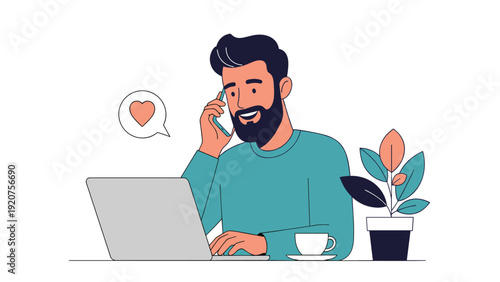 Happy bearded man smiles while talking on the phone and working on a laptop, receiving a loving message or call.