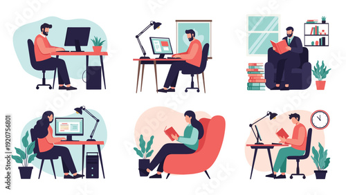 Set of characters engaged in various activities like working on a computer, reading a book, and studying at a desk.