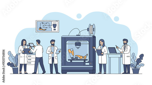 Group of scientists and doctors working in a laboratory to create a prosthetic limb using advanced 3D printing technology.
