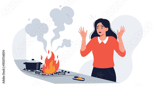 Young woman looking panicked and distressed as a cooking pot on the kitchen stove catches fire with thick smoke rising.