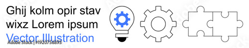 Innovation, problem-solving, technology, teamwork, ideas, connectivity. Lightbulb with gear, puzzle pieces mechanical gear figures. Innovation and problem-solving visual