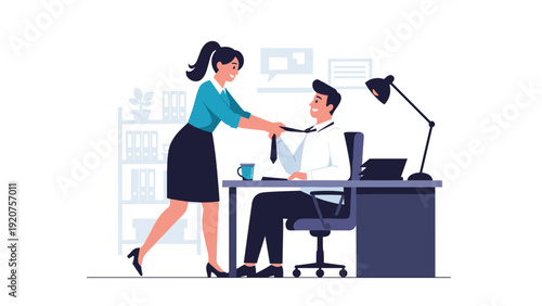 Playful woman pulling a man's necktie while he sits at his office desk showing a romantic or humorous interaction.