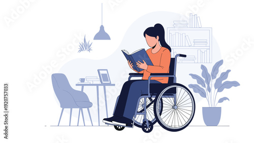 Young woman sitting in a wheelchair and reading a book in her living room with shelves and plants in the background.