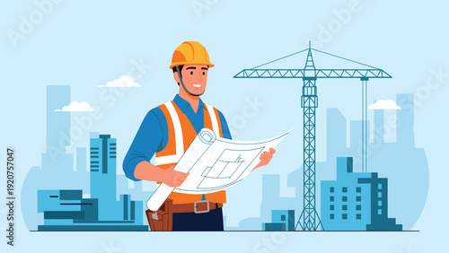Smiling construction engineer wearing a safety helmet and vest holding a blueprint at an urban building site.