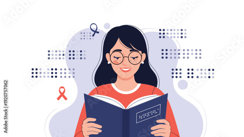 Smiling young woman with glasses reads a braille book, celebrating accessibility and literacy for the visually impaired.