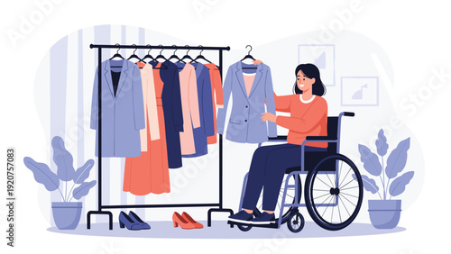 Confident woman in a wheelchair browses a clothing rack to select stylish outfits in a bright, modern boutique setting.