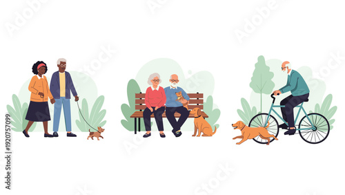 Set of senior people enjoying outdoor time in the park while walking their dogs and sitting on a bench.