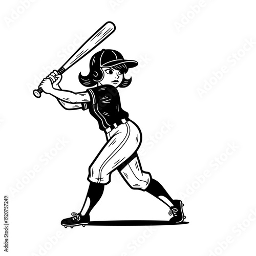 Young female baseball player in batting stance ready to hit.
