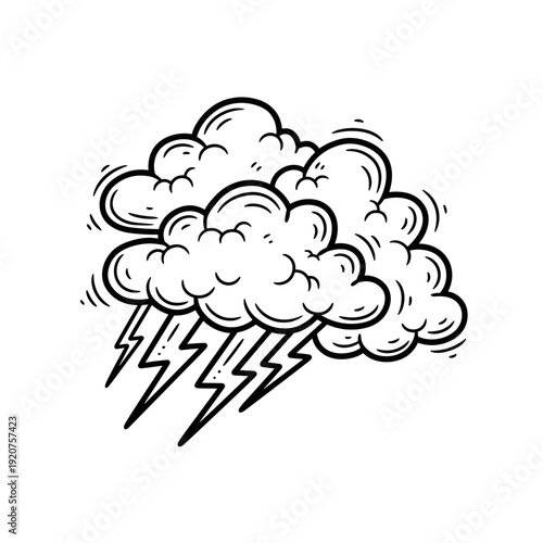 Hand Drawn Illustration of Stormy Clouds with Lightning Bolts.