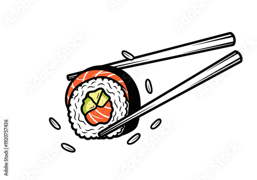 Delicious Sushi Roll with Chopsticks and Rice Grains.