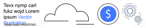 Cloud computing, financial management, business solutions, digital technology, data integration, economic systems. Cloud icon, dollar symbol and gear wheels. Cloud computing and financial management