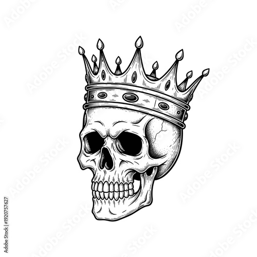Detailed black and white illustration of a human skull wearing a royal crown.
