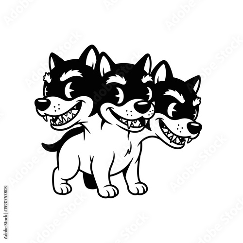 Cartoon Three Headed Dog Creature Illustration.