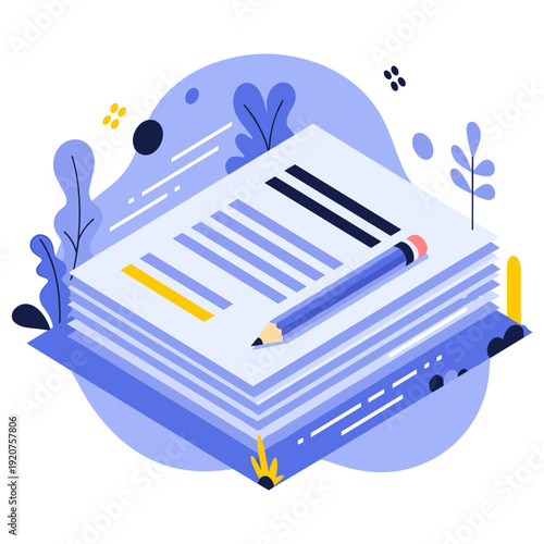 Stack of papers with pencil and abstract blue botanical design