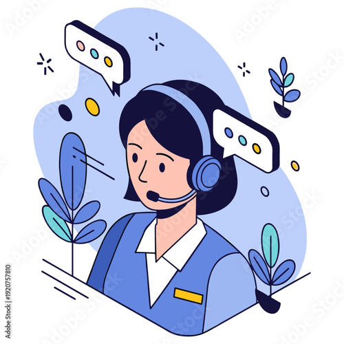 Female call center representative with headset in modern flat design