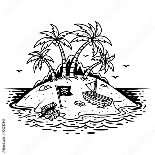 Pirate Island Adventure with Treasure Chest and Palm Trees.