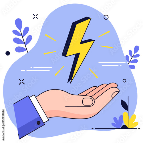 Hand offering lightning bolt on abstract blue background with geometric shapes