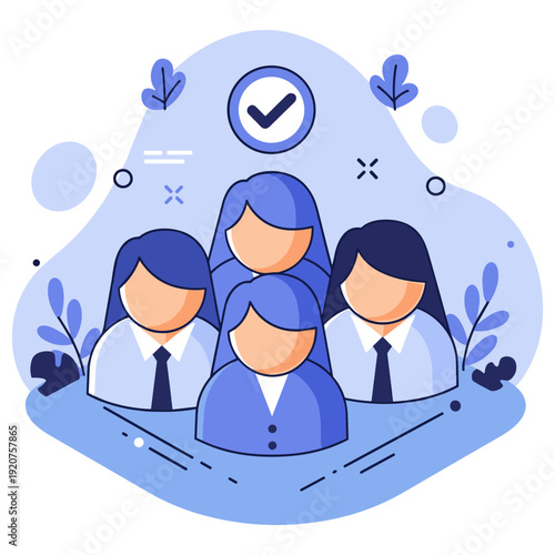 Team of diverse professionals in business attire with check mark symbol