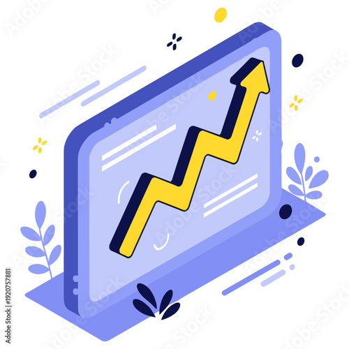Growth chart with upward arrow on screen in vector style