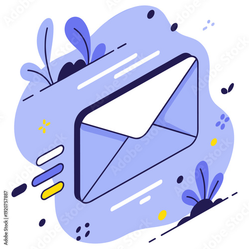 Abstract illustration of a flying mail envelope with decorative nature elements
