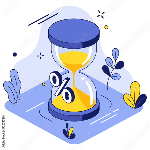 Stylized hourglass with yellow sand and percentage symbol in abstract design