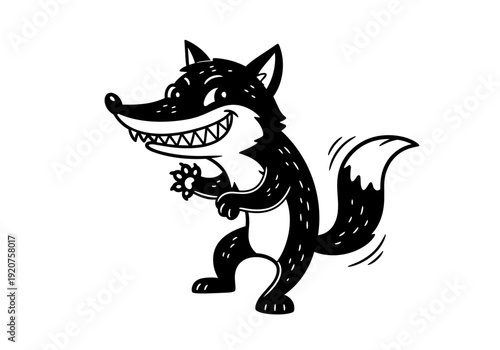 Mischievous Cartoon Fox Grinning with Sharp Teeth and Waving Tail.
