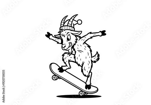 Cool goat wearing a beanie hat riding a skateboard.