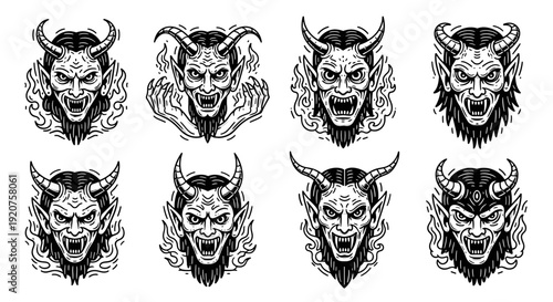 Set of eight demonic faces with horns and menacing expressions in black and white.
