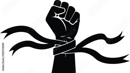 Black silhouette of a raised clenched fist with a flowing ribbon tied around the wrist, symbolizing protest, resistance, and solidarity. isolated on Transparent Background AI Generative