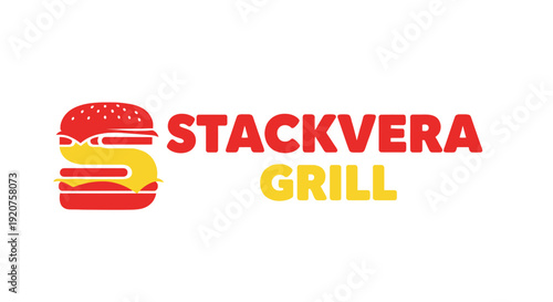 Vibrant burger logo in red and yellow with stacked layers forming the letter S, perfect for a fast food restaurant or grill house, isolated white background.