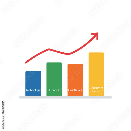 Business growth chart with technology finance healthcare consumer goods sectors rising trend